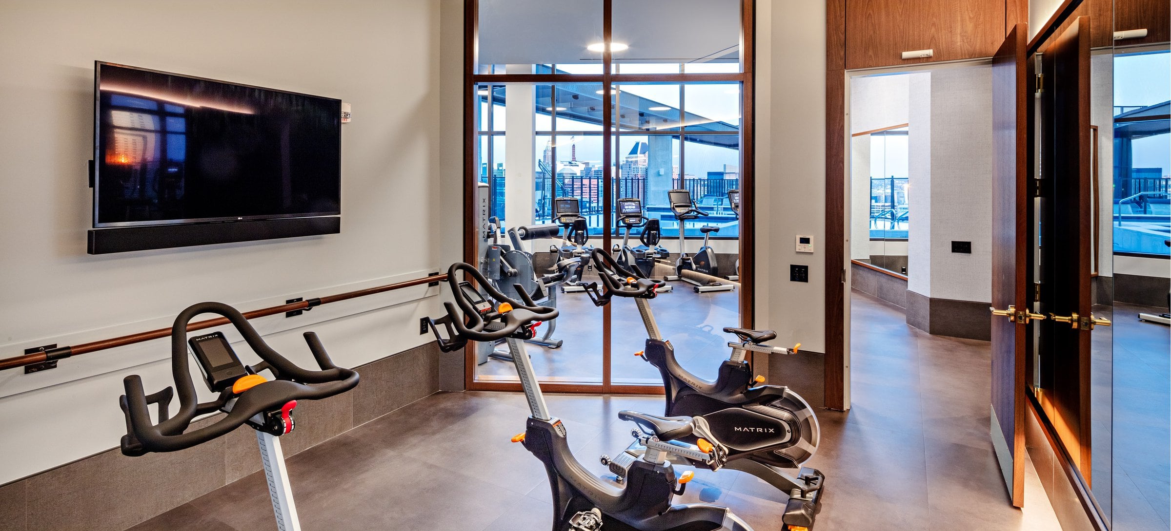 Fitness studio with spin bikes and virtual fitness programming