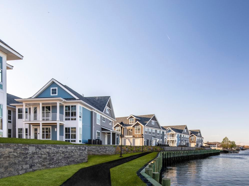 Building exteriors with waterfront views