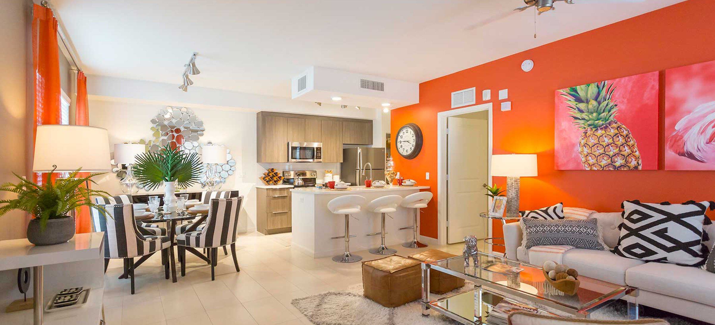 Living, dining and kitchen area