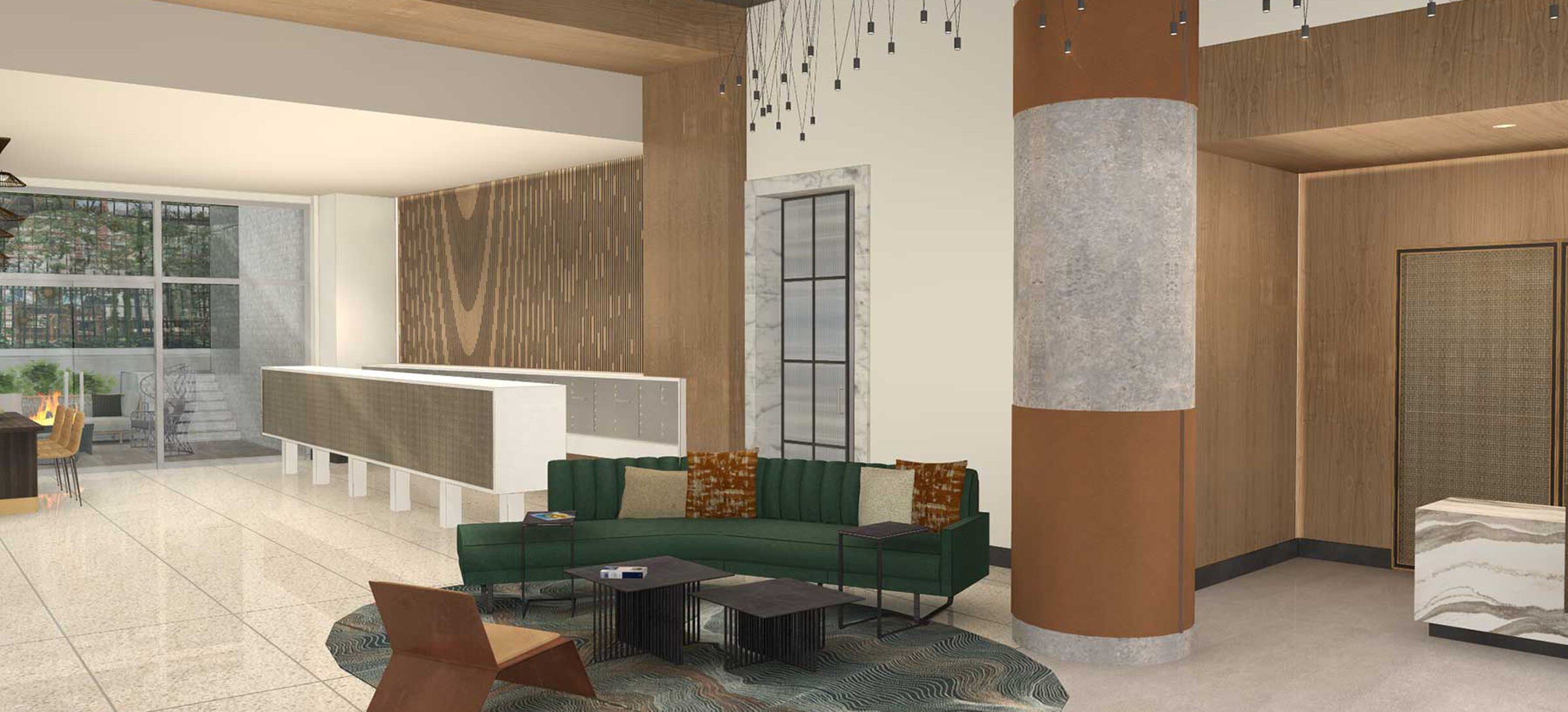 Coming Soon: Renovated lobby area with modern architecture and lounge furnishings (Rendering)