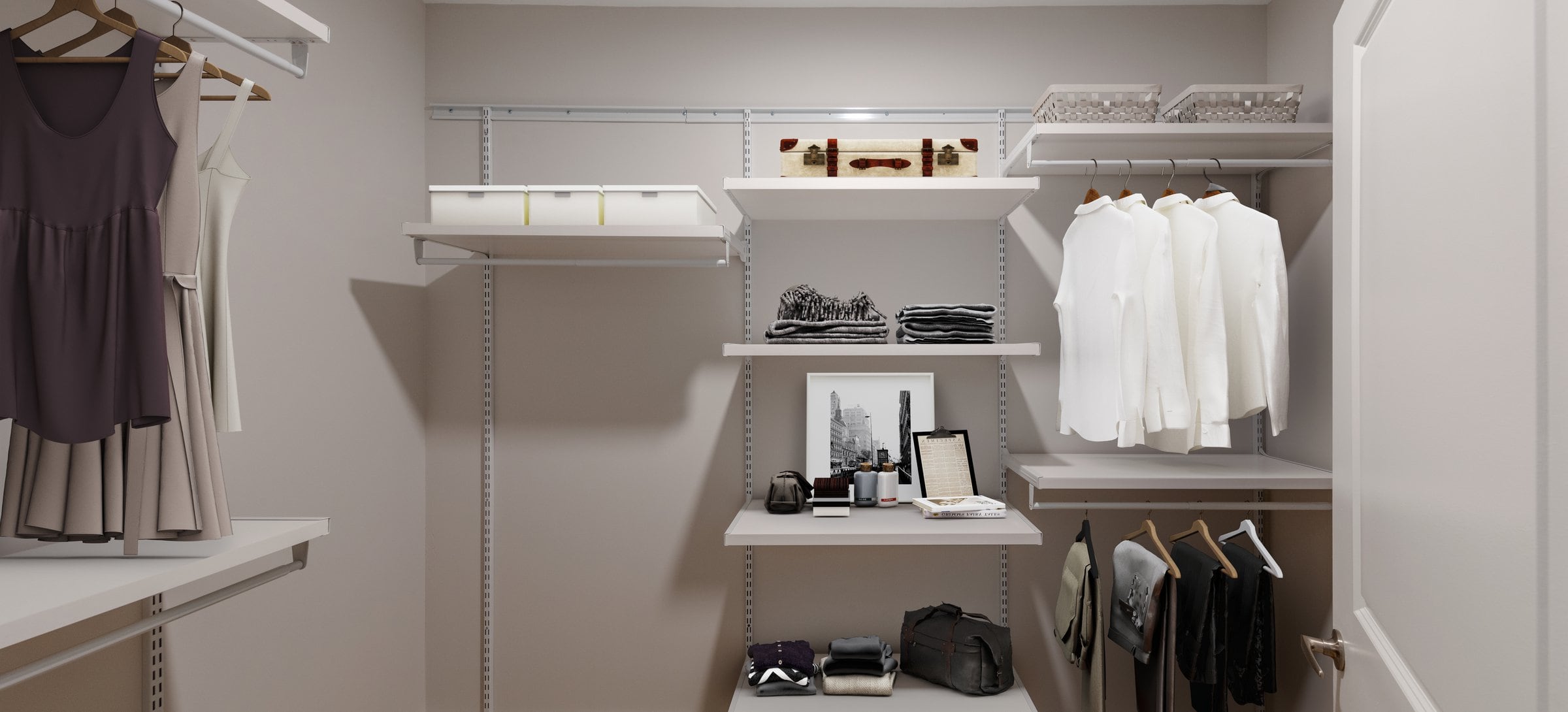 Penthouse-level Signature Collection apartment home walk-in closet with customizable shelf system
