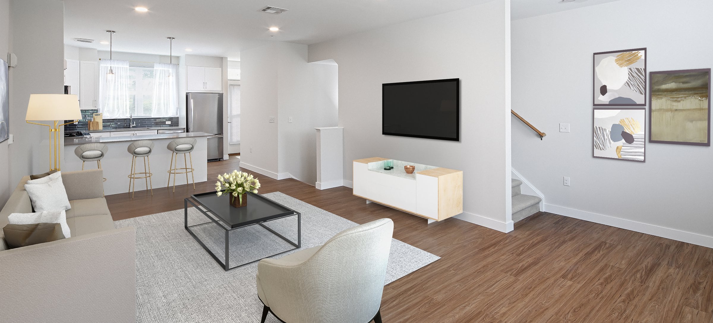 Phase II Renovated Package I townhome living and dining areas with hard surface flooring