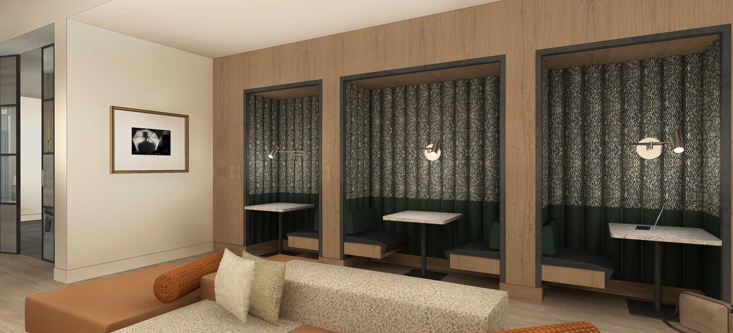 Coming Soon: Renovated residents lounge with entertaining kitchenette, lounge seating, and study pods (Rendering)