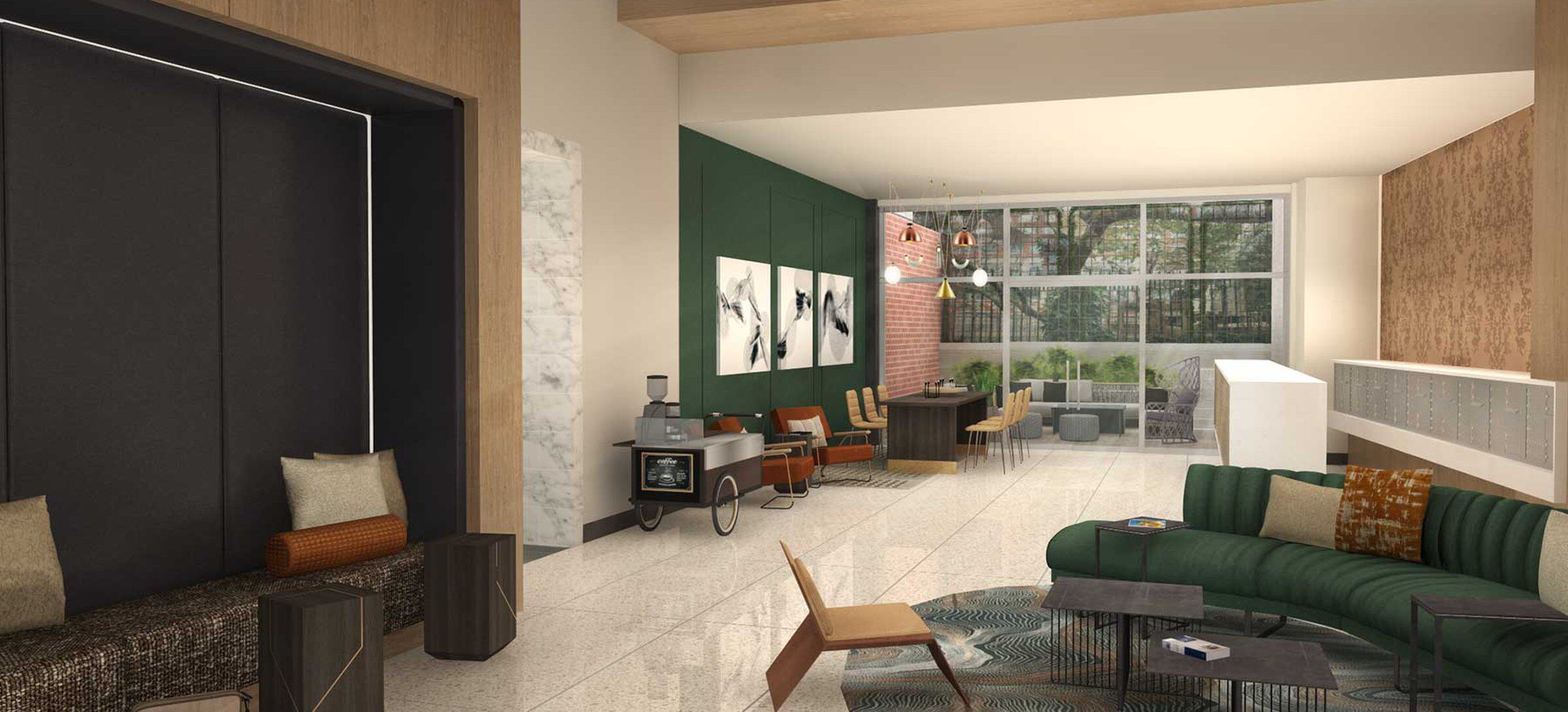 Coming Soon: Renovated lobby area with modern architecture and lounge furnishings (Rendering)