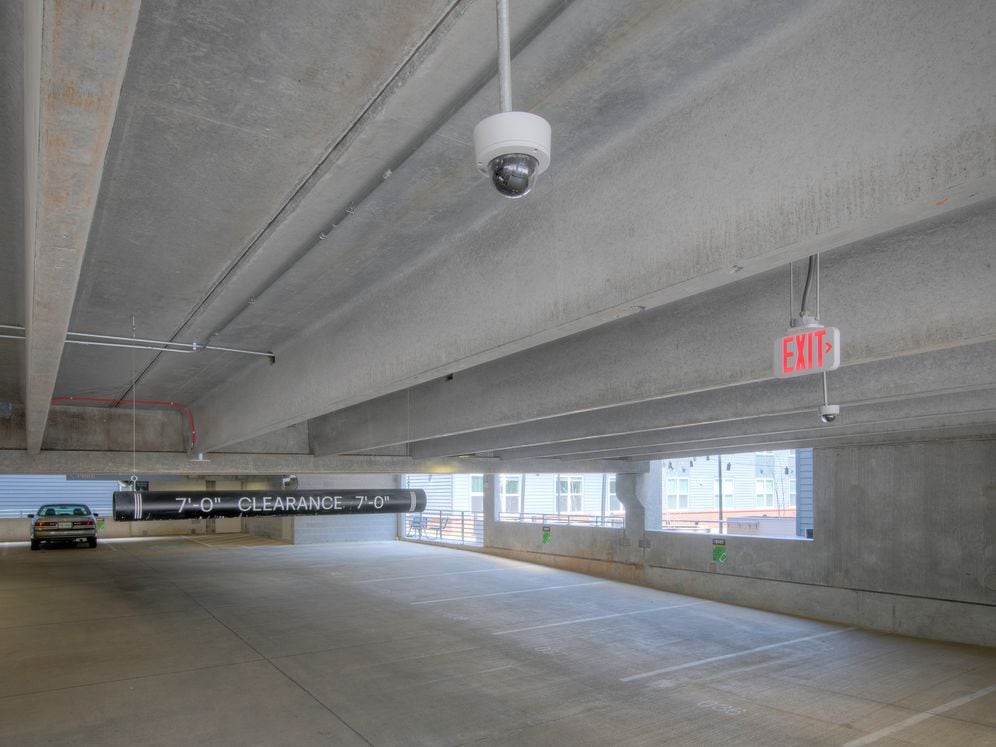 Parking garage with security cameras throughout