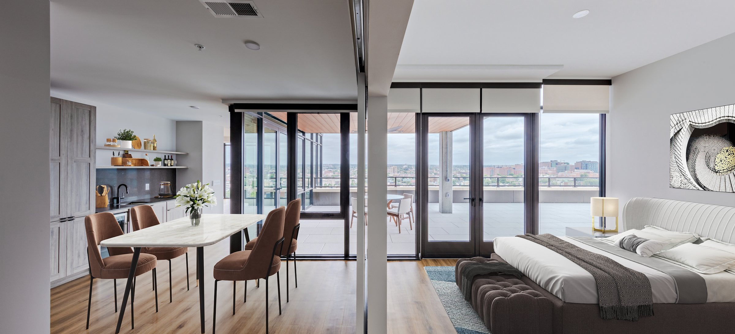 Penthouse-level Signature Collection apartment home bedroom with walk-out terrace