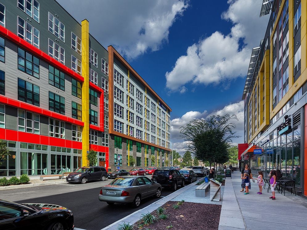 Building exterior with ground level retail and dining