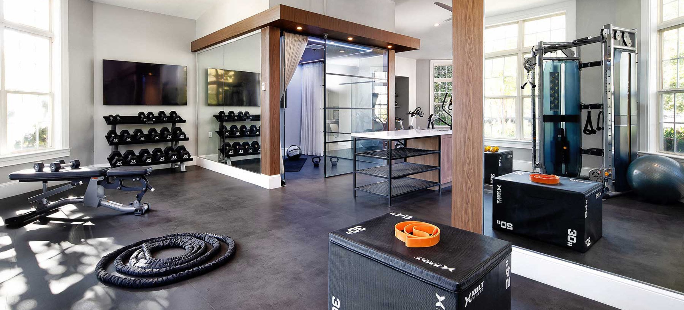State-of-the-art fitness center  with free weights