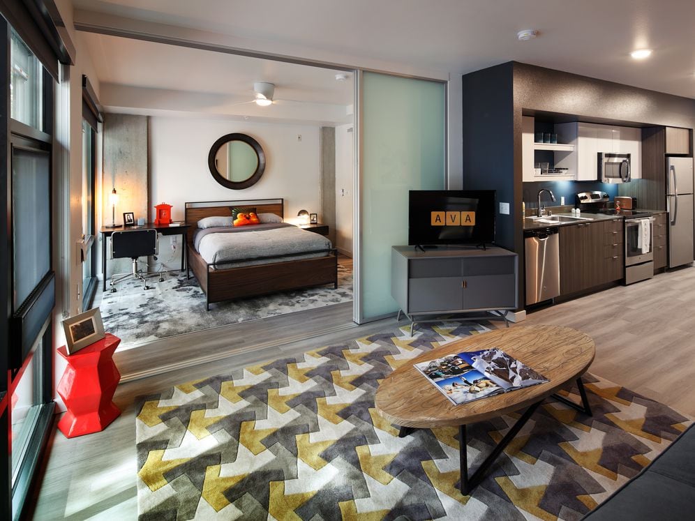 Bedroom, Living Room, and Kitchen