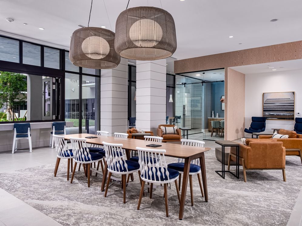 Resident lounge with common area seating and work from home areas