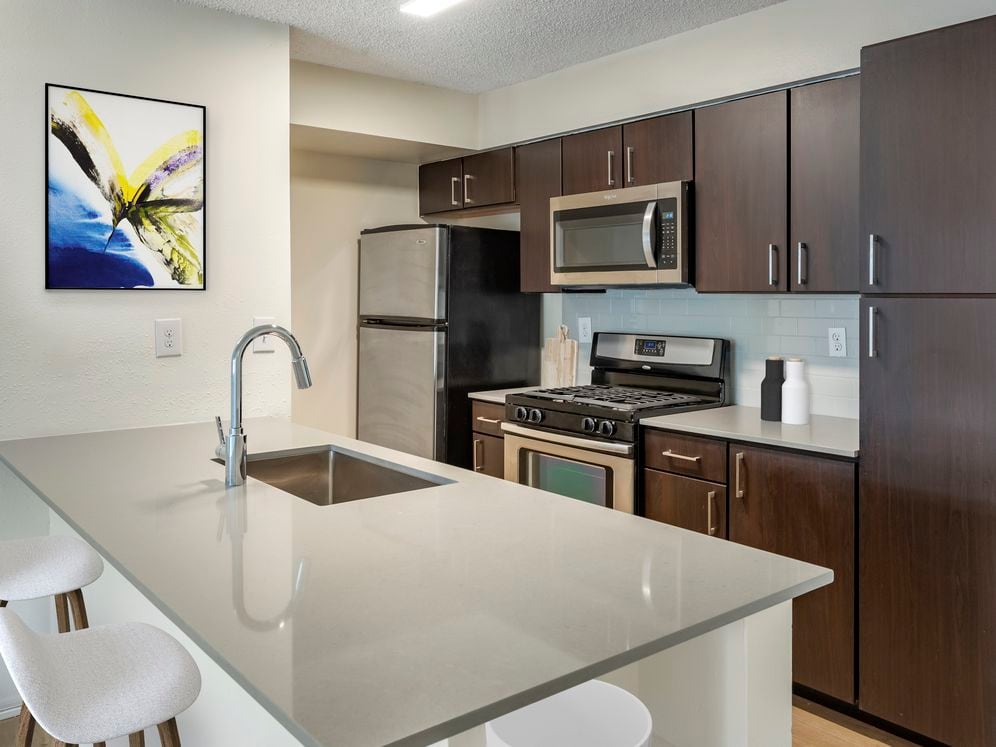 Renovated Package II kitchen with espresso cabinetry, grey quartz countertops, stainless steel appliances, tile backsplash, and hard surface plank flooring