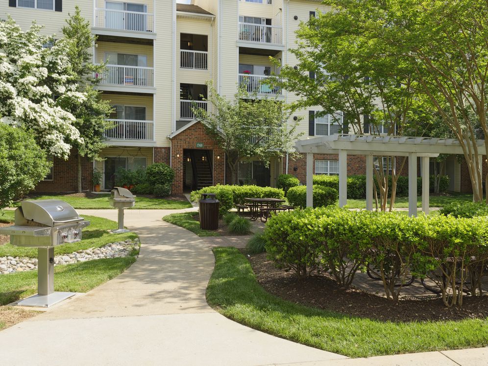 Landscaped courtyard with barbecue grills and seating